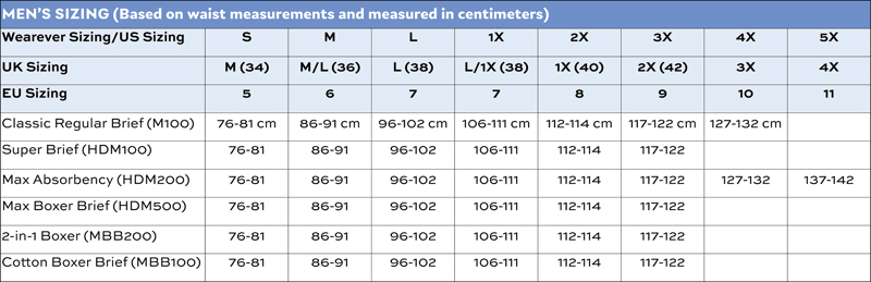 Wearever Mens Sizing Chart